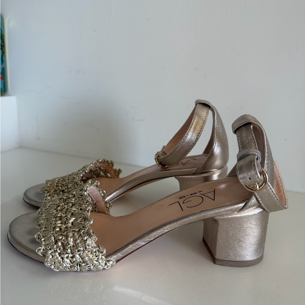 AGL Italian Made Gold Chain-Embellished Block Heel Sandals